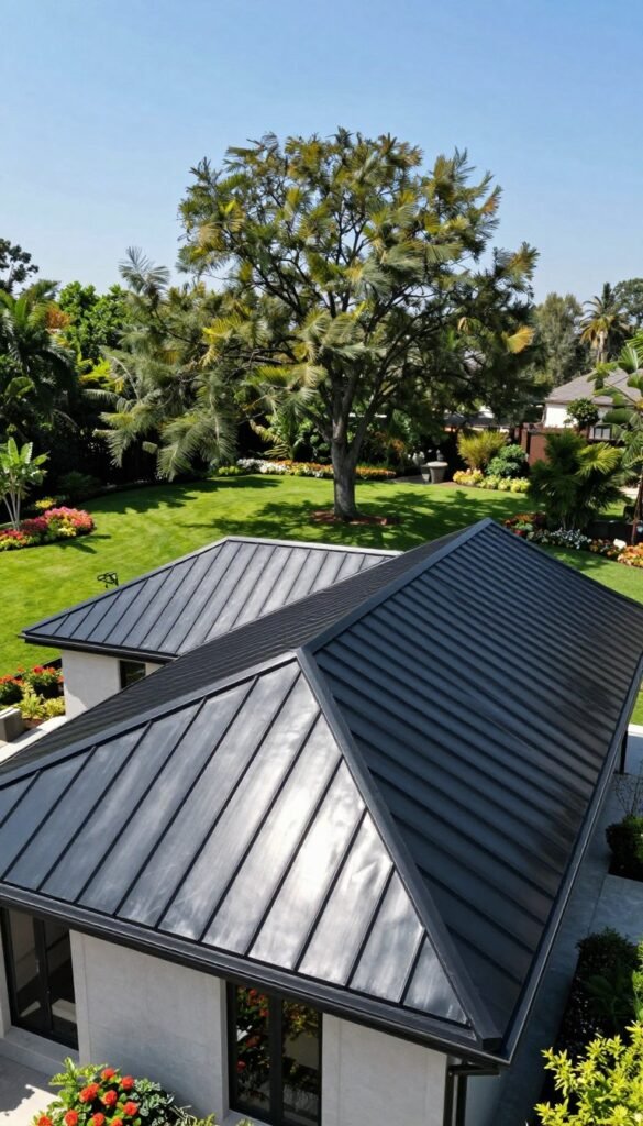 A stunning residential home featuring a sleek black metal roof, positioned prominently in the foreground. The roof glistens under bright, natural sunlight, highlighting its elegant curves and modern lines. Surrounding the house, a lush green landscape with well-manicured lawns and colorful flower beds creates a striking contrast against the dark roofing. In the middle ground, tall trees provide shade, their leaves rustling gently in a light breeze. The background captures a clear blue sky, enhancing the overall brightness of the scene. The image should be taken from a slightly elevated angle, providing a bird's-eye view of the roof while also showcasing the home's architectural beauty. The overall mood conveys a sense of sophistication and tranquility, inviting viewers to consider the benefits of a black metal roof. A stunning residential home featuring a sleek black metal roof, positioned prominently in the foreground. The roof glistens under bright, natural sunlight, highlighting its elegant curves and modern lines. Surrounding the house, a lush green landscape with well-manicured lawns and colorful flower beds creates a striking contrast against the dark roofing. In the middle ground, tall trees provide shade, their leaves rustling gently in a light breeze. The background captures a clear blue sky, enhancing the overall brightness of the scene. The image should be taken from a slightly elevated angle, providing a bird's-eye view of the roof while also showcasing the home's architectural beauty. The overall mood conveys a sense of sophistication and tranquility, inviting viewers to consider the benefits of a black metal roof.